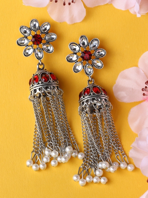 

Rubans Silver-Toned & Maroon Oxidised Contemporary Jhumkas