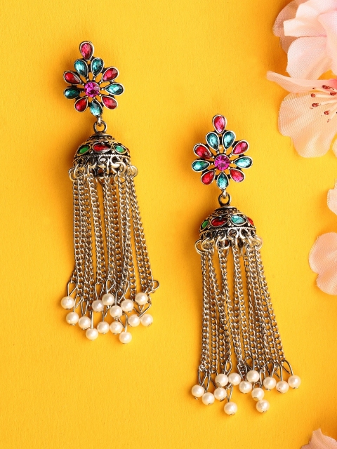 

Rubans Silver-Toned & Red Oxidised Contemporary Jhumkas