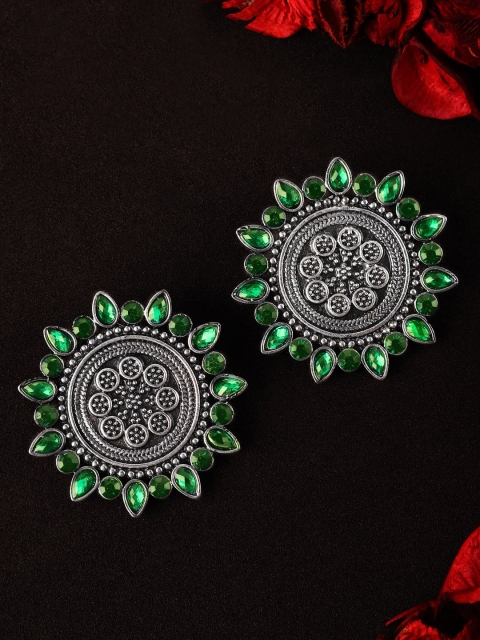

Rubans Silver-Toned & Green Oxidised Circular Studs