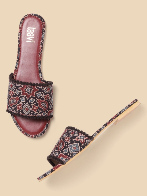 

Taavi Women Black & Maroon Ajrakh Print Open Toe Sustainable Flats