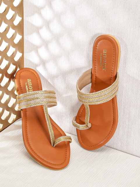 Women Beige Woven Design One Toe Flats