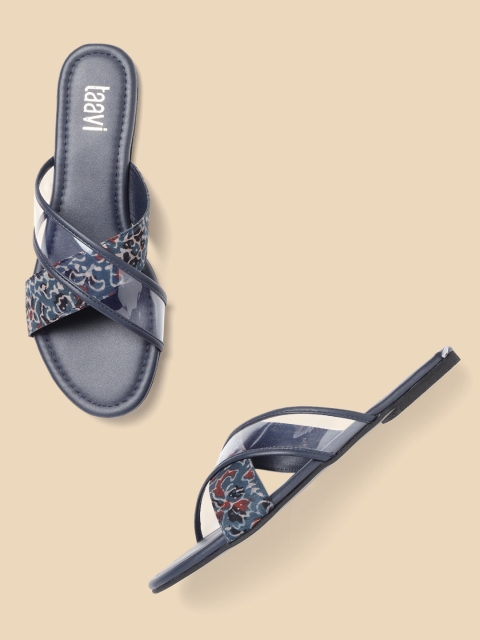 

Taavi Women Navy Blue Ajrakh Print Open Toe Flats
