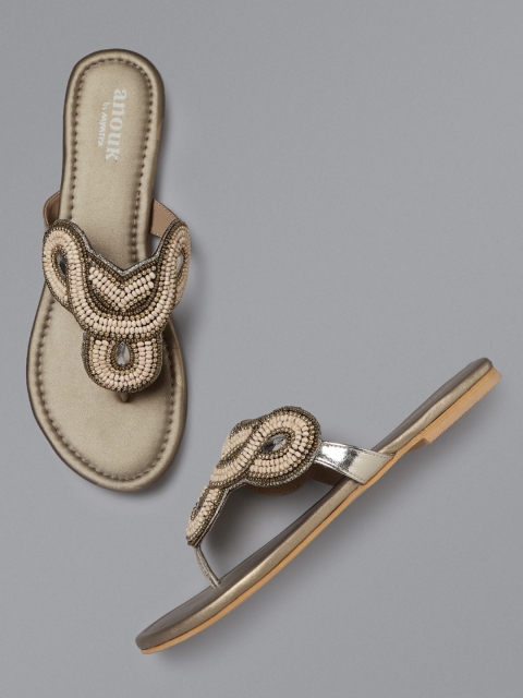

Anouk Women Beige & Gold-Toned Embellished Open Toe Flats