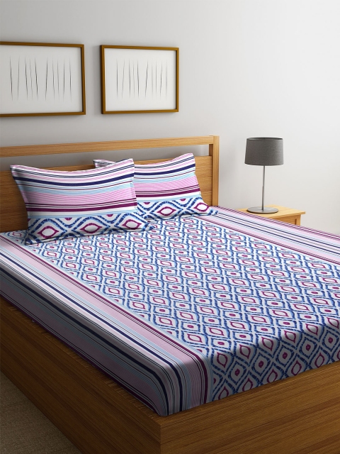 

Cortina Blue & White Geometric 144 TC Cotton 1 Double Queen Bedsheet with 2 Pillow Covers