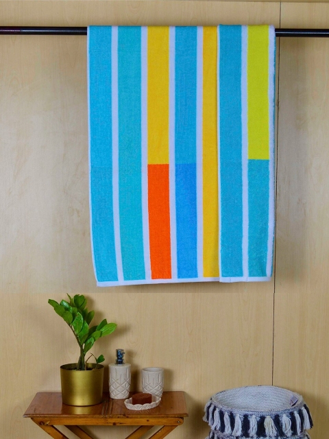 

Avira Home Blue & Yellow Striped 500 GSM Cotton Bath Towel
