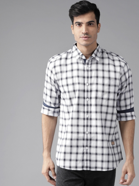 

DENNISON Men White & Navy Blue Modern Slim Fit Checked Casual Shirt