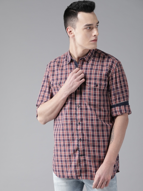 

DENNISON Men Navy Blue & Red Slim Fit Checked Casual Shirt