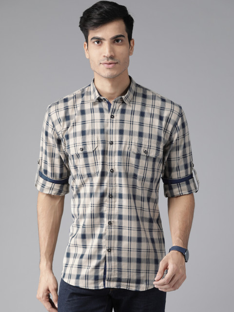 

DENNISON Men Beige & Navy Blue Slim Fit Checked Casual Shirt