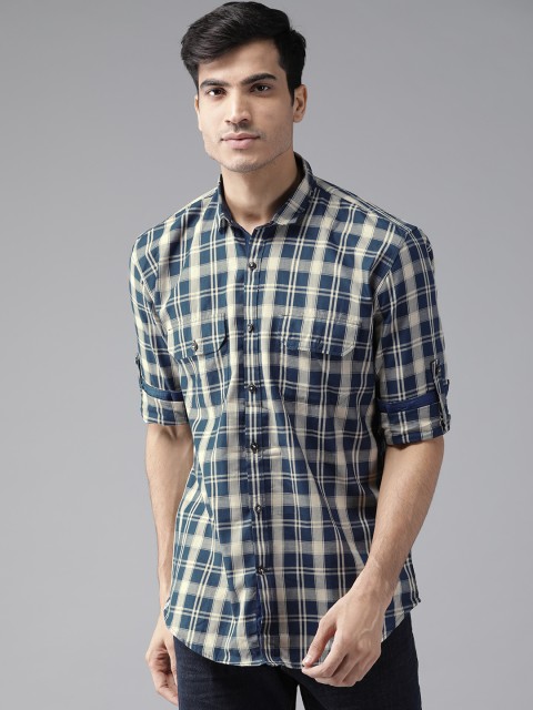 

DENNISON Men Navy Blue & Beige Slim Fit Checked Casual Shirt