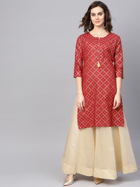 

Anubhutee Women Maroon & Orange Printed Straight Kurta