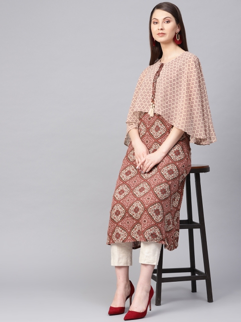 

Shree Women Beige & Maroon Printed Layered A-Line Kurta