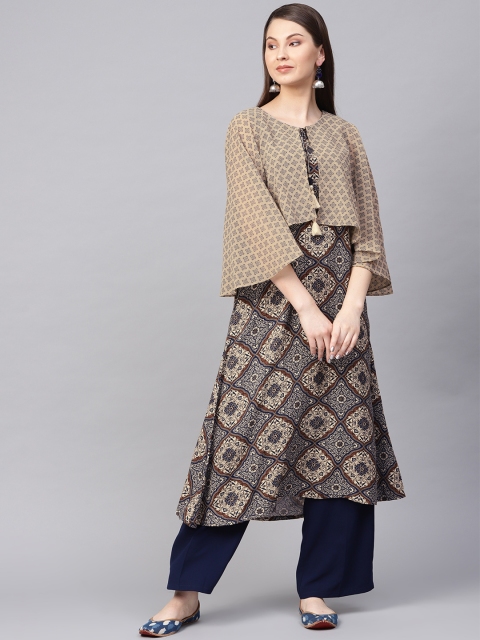 

Shree Women Beige & Navy Blue Printed Layered A-Line Kurta