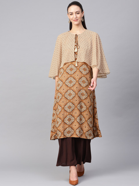 

Shree Women Beige & Mustard Yellow Printed Layered A-Line Kurta
