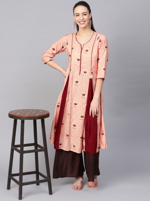 

Shree Women Peach-Coloured & Maroon Printed A-Line Kurta