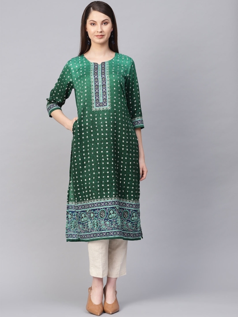 

Shree Women Green & Off-White Printed Straight Kurta