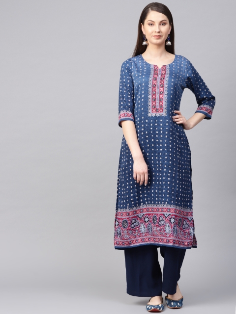 

Shree Women Navy Blue & Off-White Printed Straight Kurta