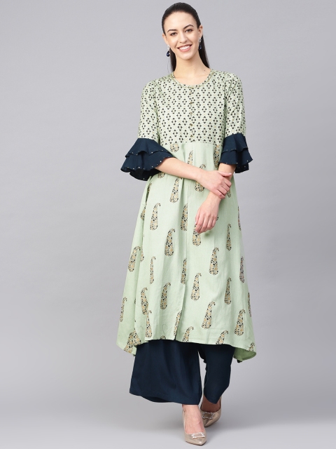 

Shree Women Green & Navy Blue Printed Kurta with Palazzos
