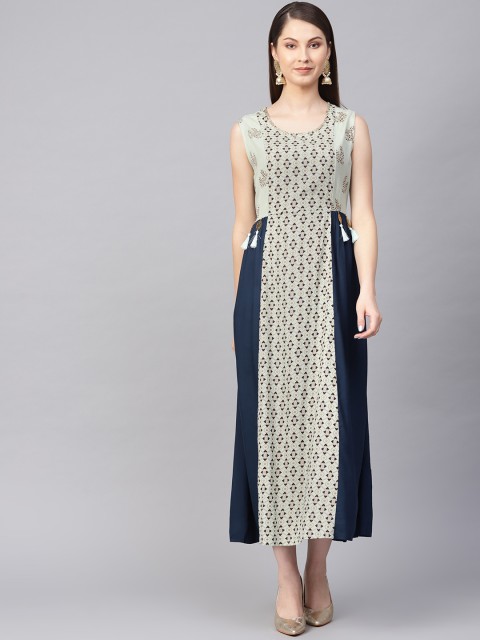 

Shree Women Sea Green & Navy Blue Printed Maxi Dress