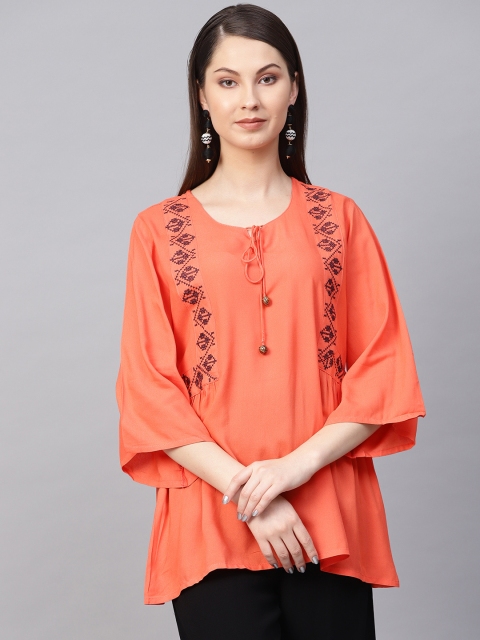 

Shree Women Coral Orange Embroidered Detail Tunic