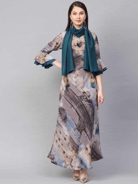 

Shree Women Grey & Blue Printed Maxi Dress with Stole