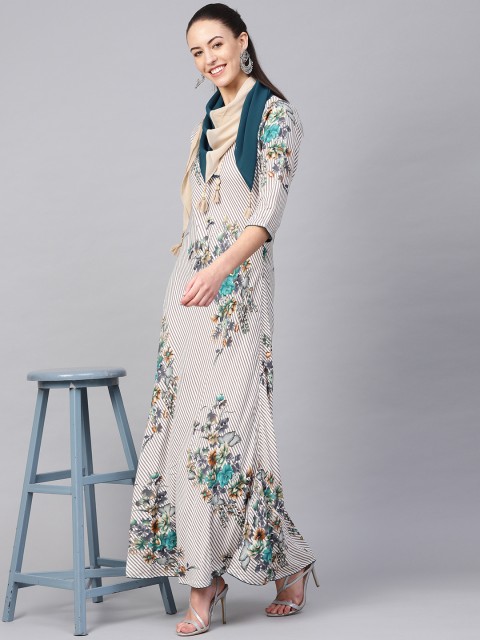 

Shree Women Off-White & Taupe Floral Print Maxi Dress with Scarf