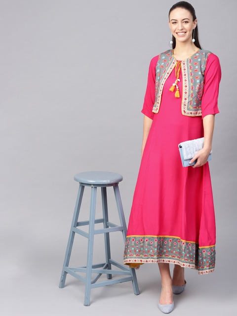 

Shree Women Pink Solid Maxi Dress with Ethnic Jacket