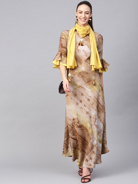 

Shree Women Brown & Yellow Printed Maxi Dress with Stole