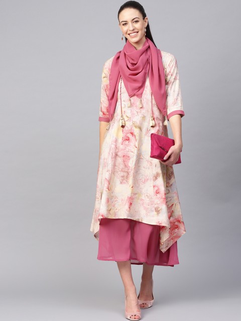 

Shree Women Cream-Coloured & Pink Printed Maxi Dress with Scarf