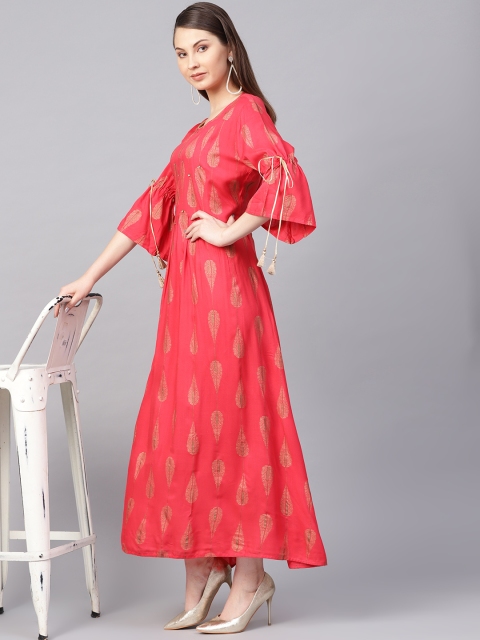 

Shree Women Coral Pink & Golden Printed Maxi Dress