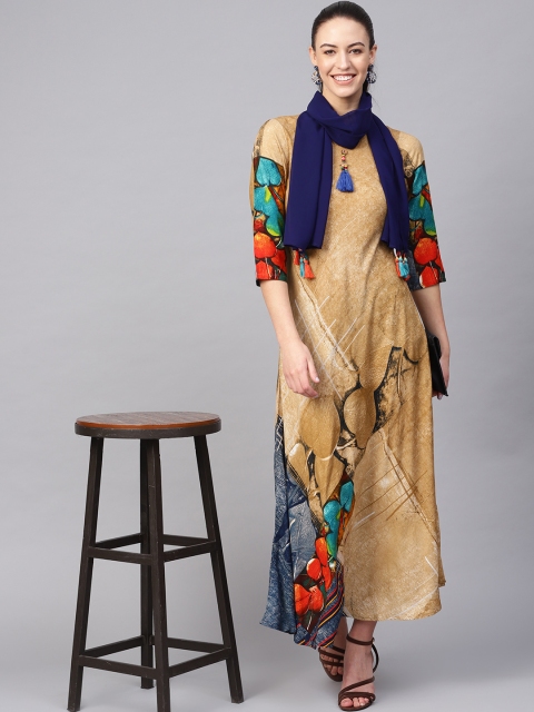 

Shree Women Beige & Navy Blue Printed Maxi Dress with Stole
