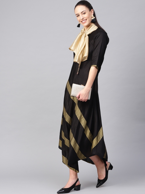 

Shree Women Black & Golden Striped Maxi Dress with Stole