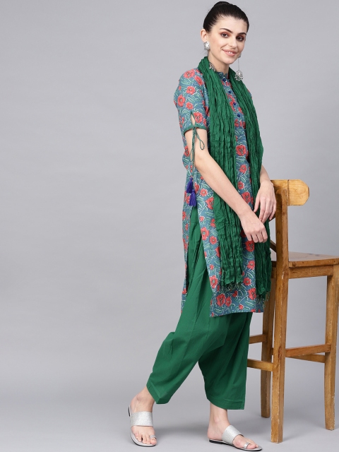

Jaipur Kurti Women Blue & Green Printed Kurta with Salwar & Dupatta
