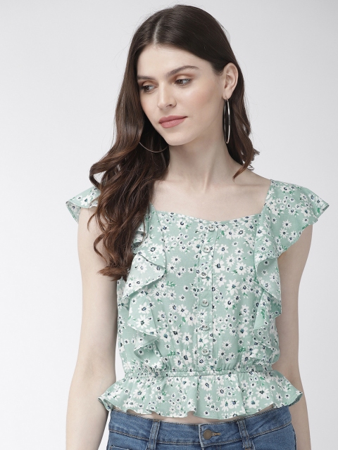 

20Dresses Women Sea Green Ditsy Floral Print Ruffled Cinched Waist Top