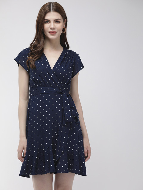 

20Dresses Women Navy Blue & White Polka Dot Print Wrap Dress
