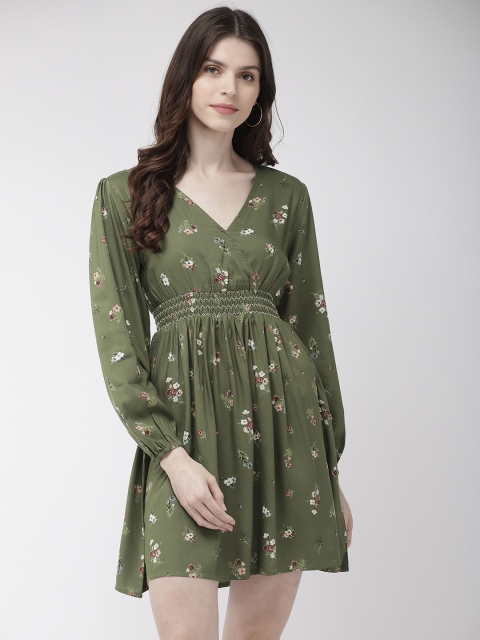 

20Dresses Women Olive Green Floral Print Fit and Flare Dress