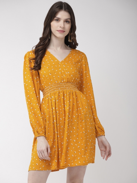 

20Dresses Women Mustard Yellow & White Floral Printed Fit and Flare Dress