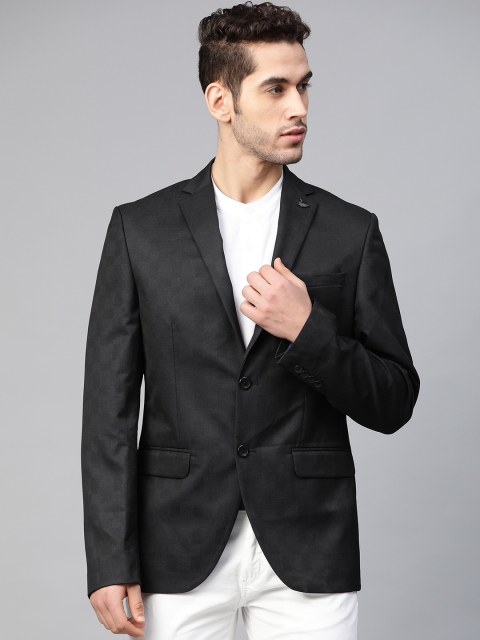 

Blackberrys Men Navy Blue Self-Checked Slim Fit Single-Breasted Blazer
