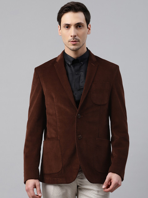 

Blackberrys Men Brown Velvet Finish Solid Slim Fit Single-Breasted Blazer