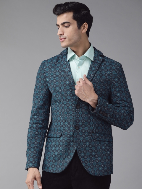 

Blackberrys Men Black & Teal Blue Printed Slim Fit Single-Breasted Smart Casual Blazer