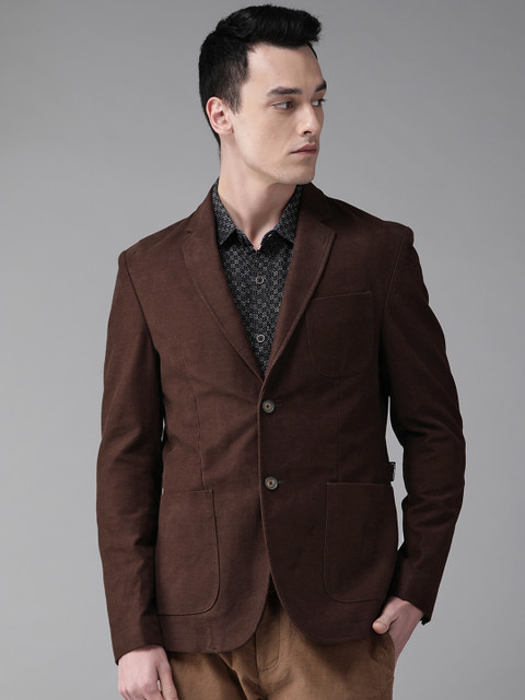 

Blackberrys Men Coffee Brown Slim Fit Solid Single-Breasted Smart Casual Pure Cotton Blazer