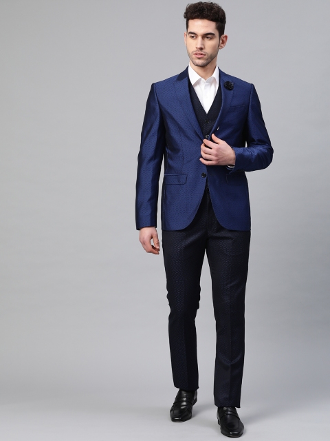 

Blackberrys Men Blue & Black Slim Fit Self-Design Single-Breasted 3-Piece Partywear Suit