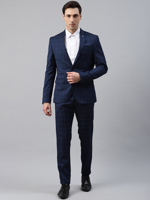 

Blackberrys Men Navy Blue Checked Slim Fit Single-Breasted Formal Suit