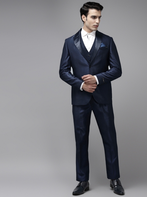 

Blackberrys Men Navy Blue Solid Slim Fit Single-Breasted Party 3-Piece Tuxedo