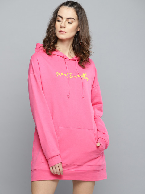 

Besiva Women Pink Solid Hooded Mini Sweatshirt Dress