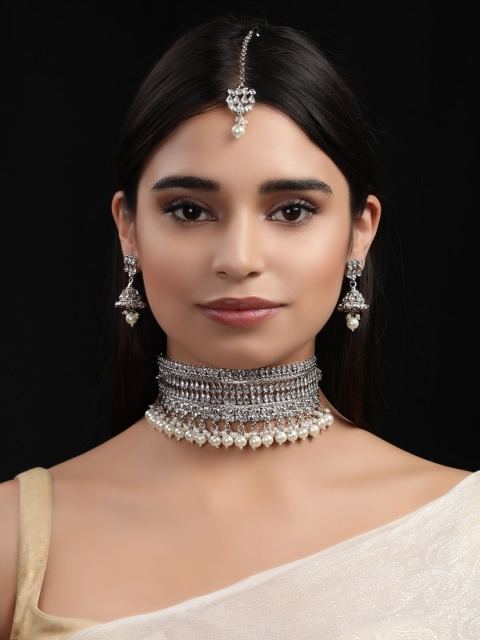 

Rubans Women Silver-Plated & White CZ-Studded Jewellery Set