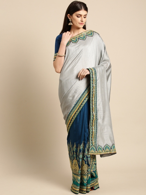 

MANOHARI Grey & Teal Blue Embroidered Saree