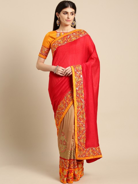 

MANOHARI Red & Beige Half and Half Solid Saree
