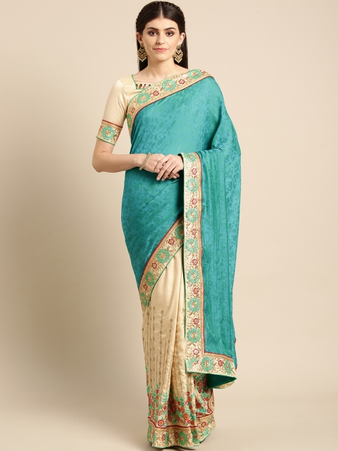 

MANOHARI Off White & Teal Green Embroidered Saree