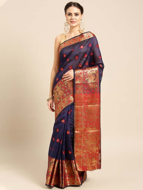 

Ishin Navy Blue & Red Woven Design Saree