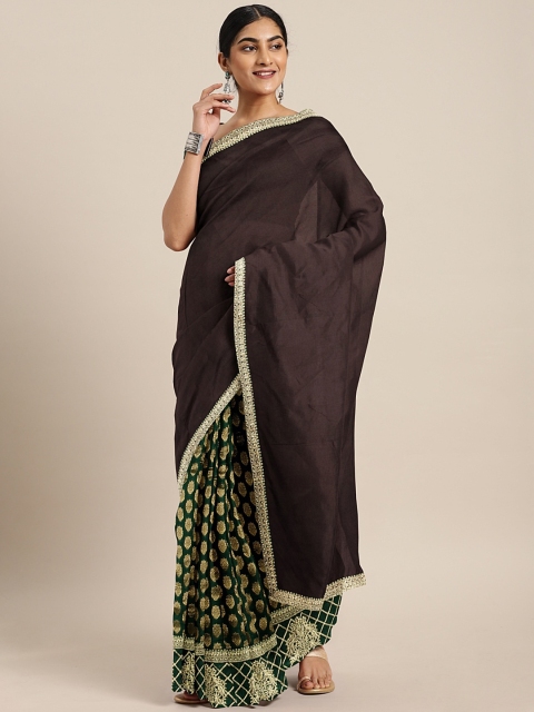 

The Chennai Silks Classicate Green & Coffee Brown Pure Crepe Half & Half Banarasi Saree